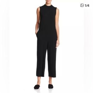 Eileen Fisher Mock Neck Cropped Wide Leg Jumpsuit Black Size S Stretch